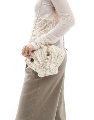 straw shell bag with resin handle and detachable cross body strap-White