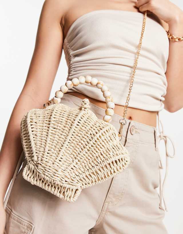 ASOS DESIGN straw shell grab bag with beaded top handle and detachable crossbody strap in natural