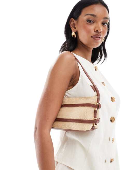 ASOS DESIGN straw shoulder bag with tan strapping detail