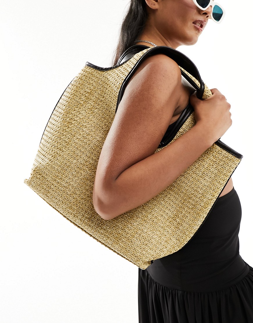 straw tote bag with black tubular piping in natural-Neutral