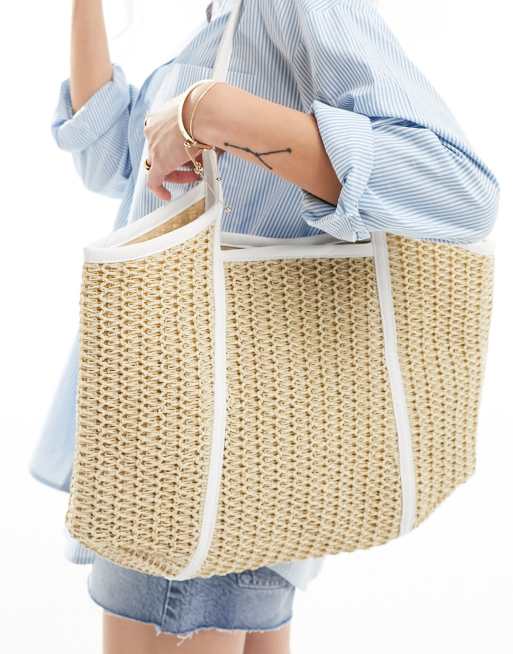 FhyzicsShops DESIGN straw tote bag with white trim