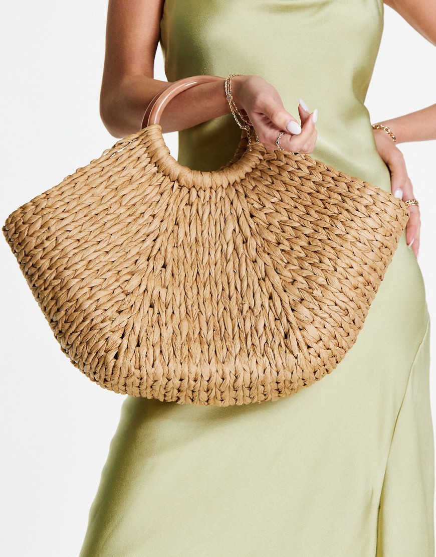 ASOS DESIGN straw tote with feature resin handle in natural-Neutral