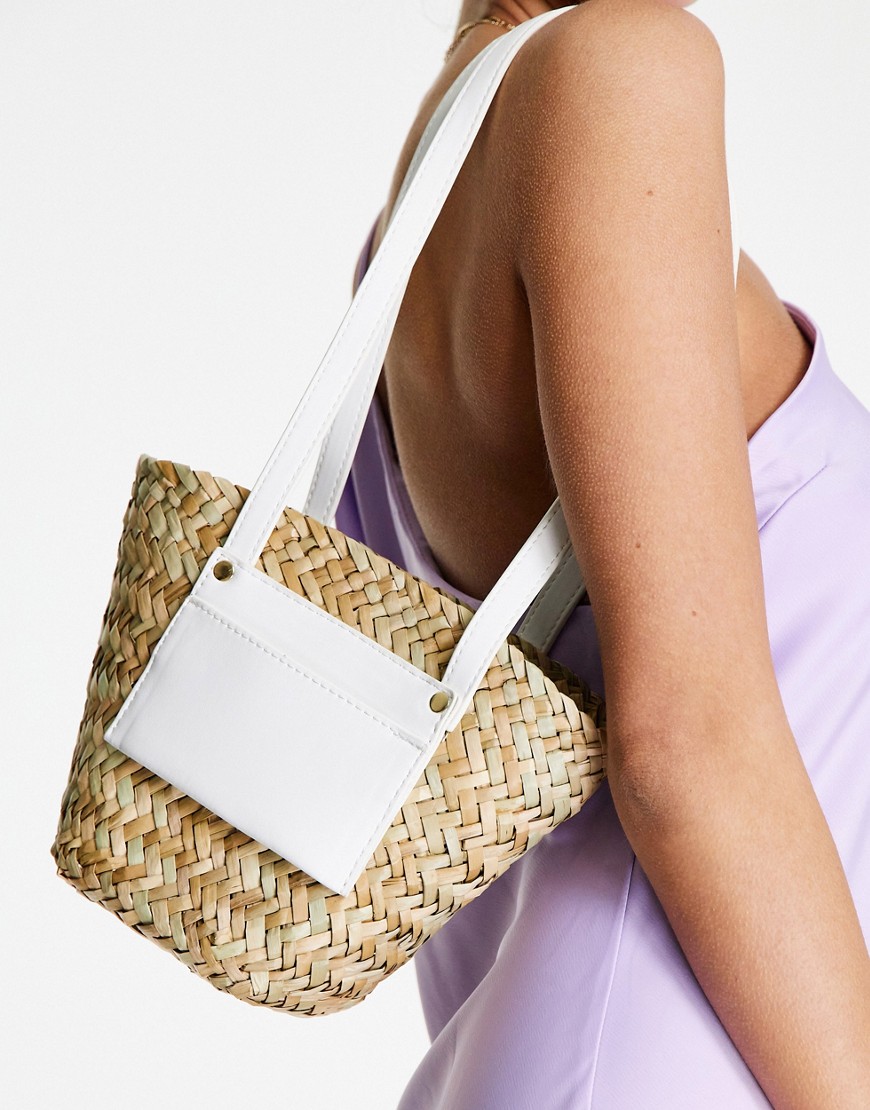 ASOS DESIGN straw tote with pocket detail in white-Neutral
