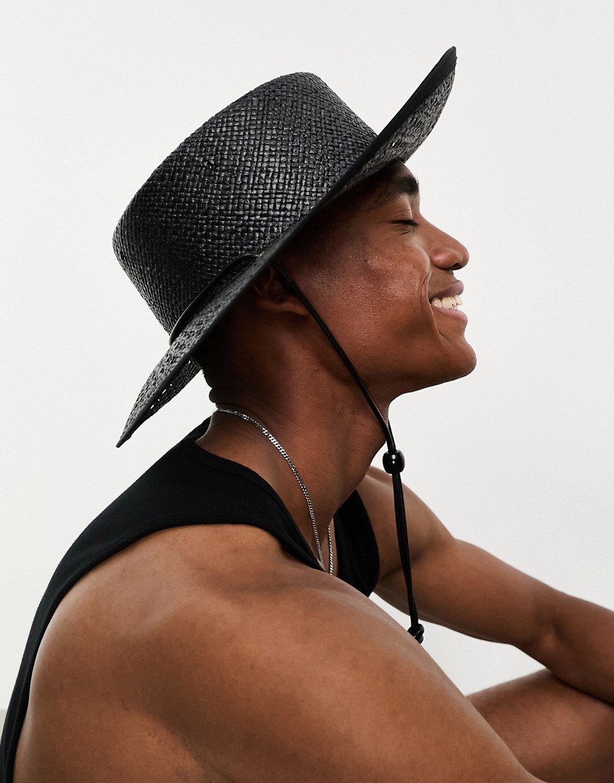 ASOS DESIGN straw wide brim boater with open weave in black