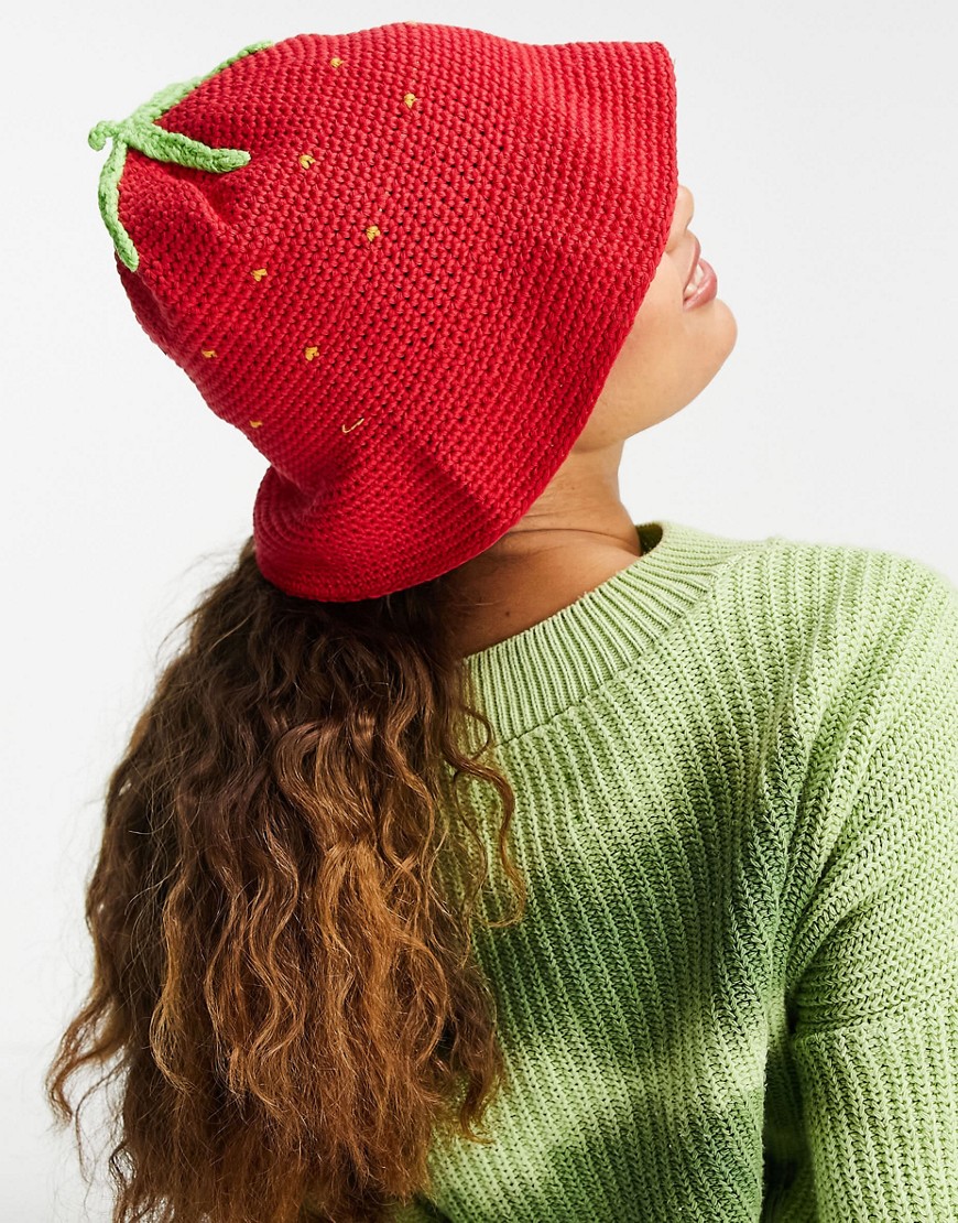 ASOS DESIGN strawberry crochet knit bucket hat in red