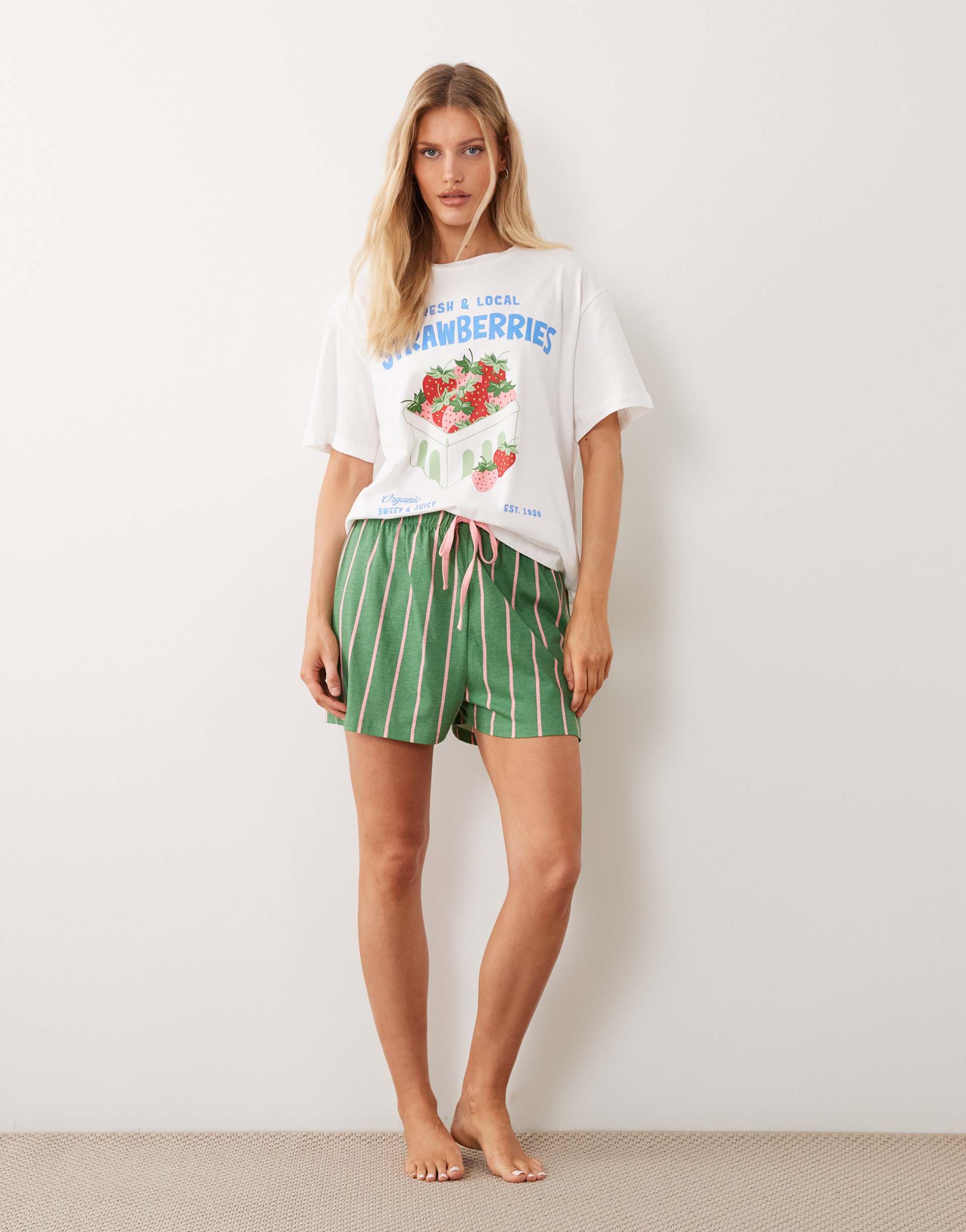 asos design strawberry oversized tee and striped shorts pajama set in cream