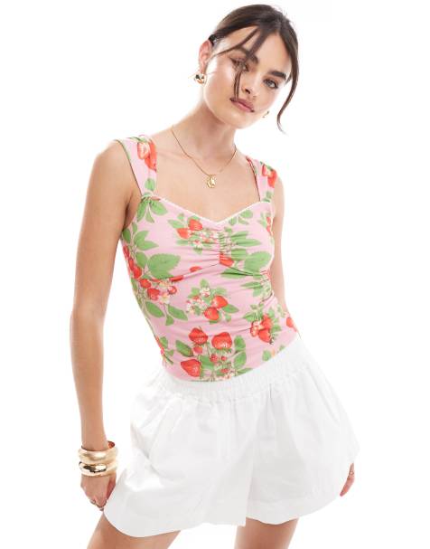 ASOS DESIGN strawberry print gathered ruched front top in pink - view 1