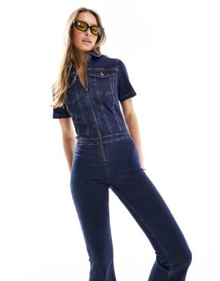 ASOS DESIGN stretch 70s jumpsuit in dark blue