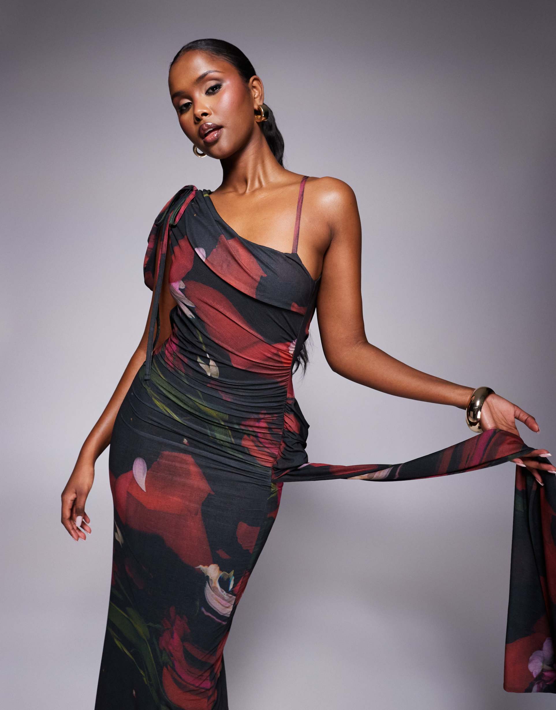 asos design stretch chiffon asymmetric drape maxi dress with cowl back and sash detail in dark floral print