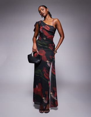 ASOS DESIGN STRETCH CHIFFON ASYMMETRIC DRAPE MAXI DRESS WITH COWL BACK AND SASH DETAIL 