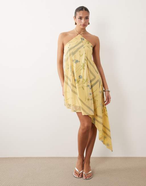 ASOS DESIGN stretch chiffon asymmetric floral mini dress with godets in lemon, 2 of 4