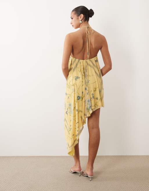 ASOS DESIGN stretch chiffon asymmetric floral mini dress with godets in lemon, 4 of 4