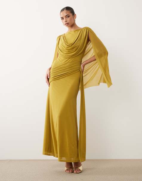 ASOS DESIGN stretch chiffon cape detail cowl maxi dress with sash detail in chartreuse - view 1