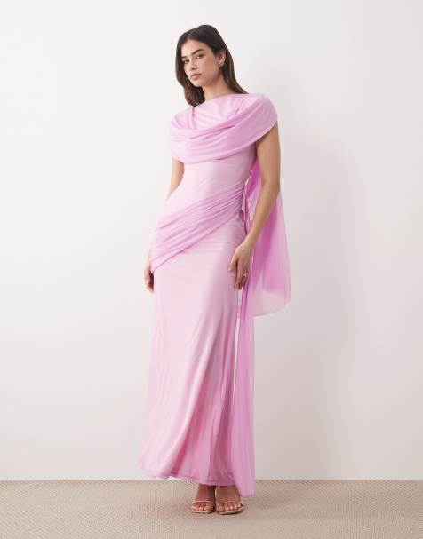 ASOS DESIGN stretch chiffon cape detail cowl maxi dress with sash detail in pale pink - view 1