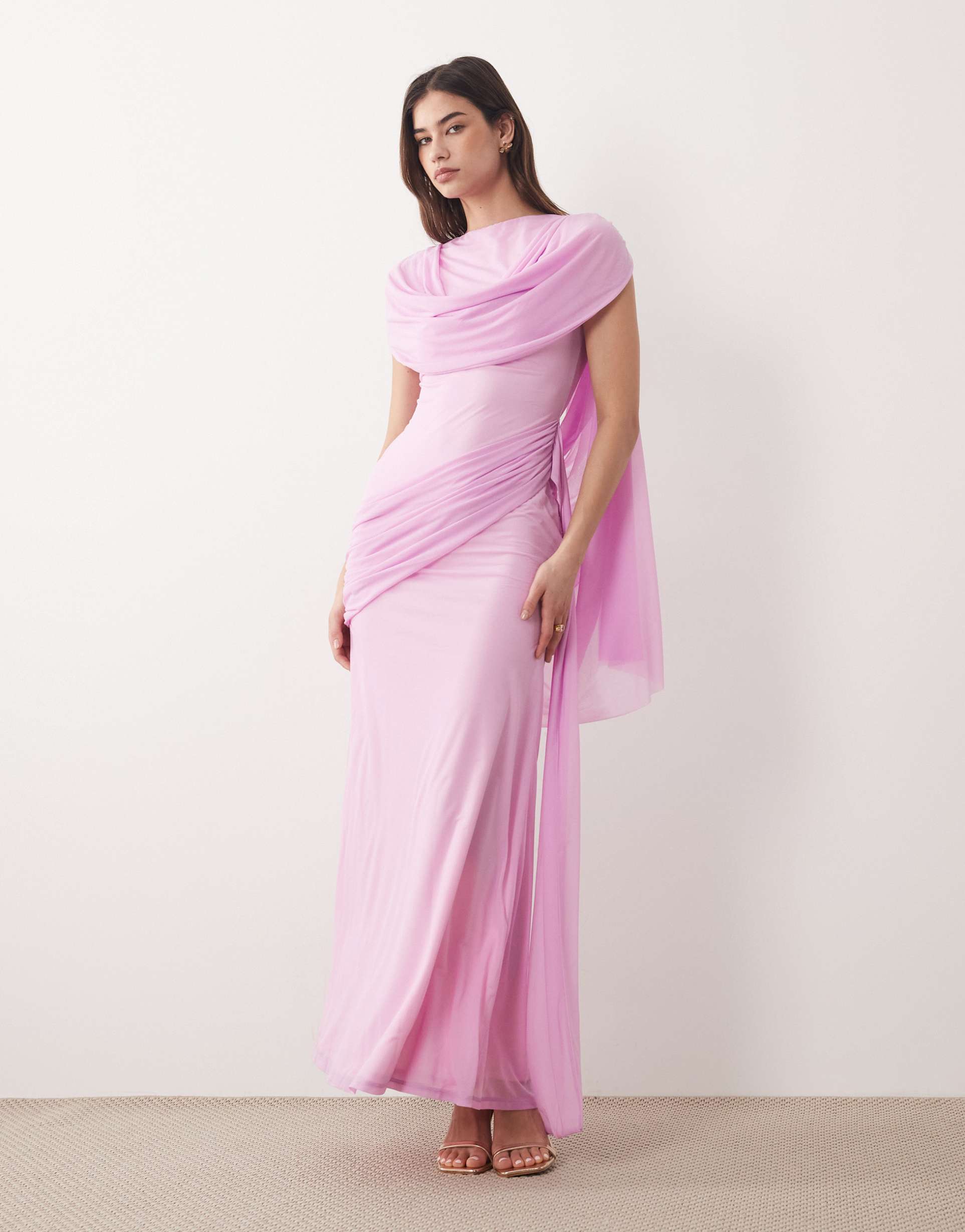 asos design stretch chiffon cape detail cowl maxi dress with sash detail in pale pink