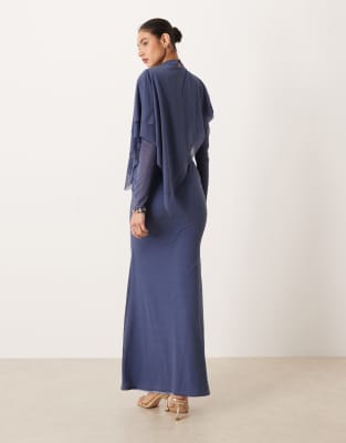 asos blue maxi dress ASOS DESIGN stretch chiffon caped maxi dress in blue