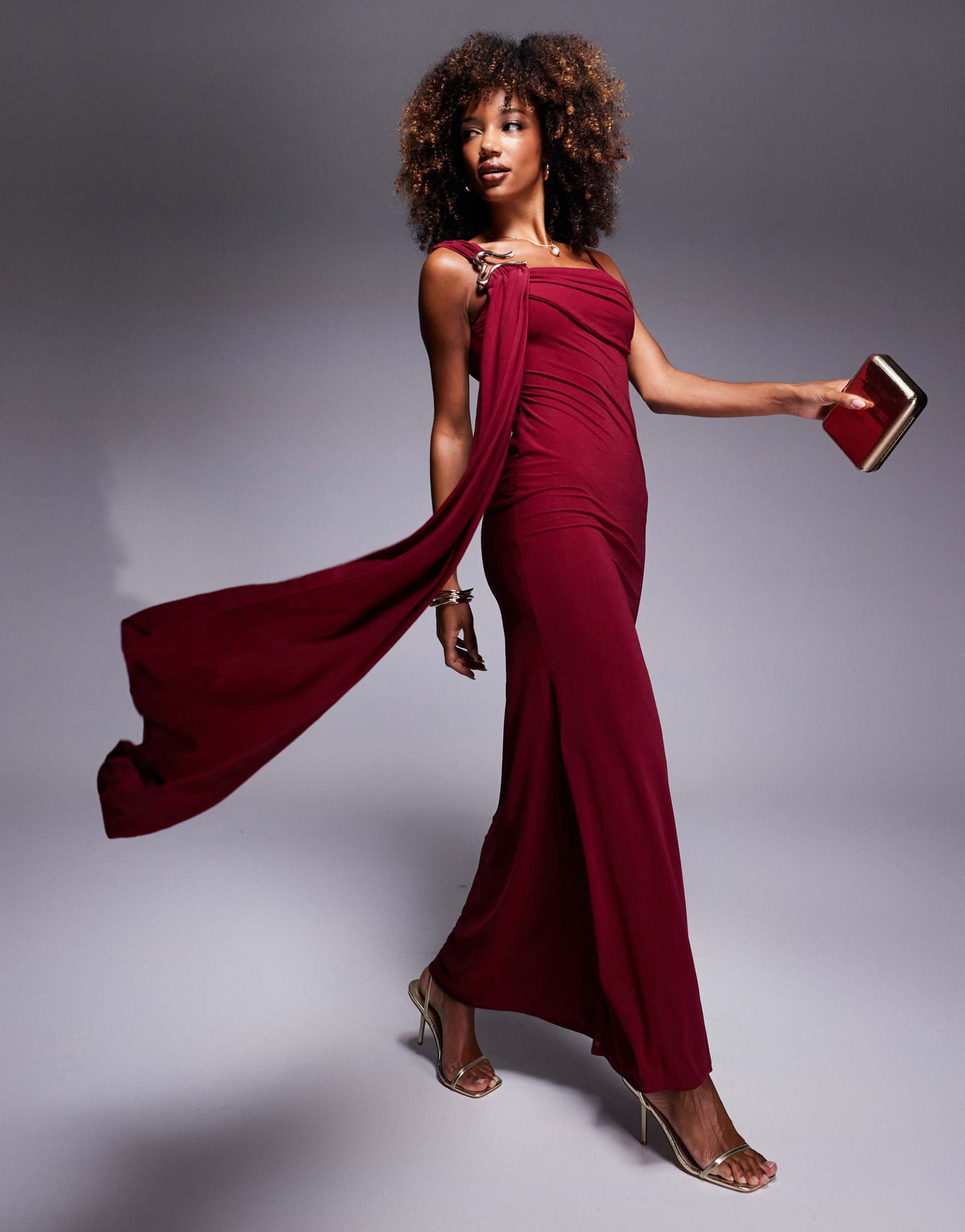 asos design stretch chiffon cowl neck maxi dress with oversized trim and sash detail in burgundy