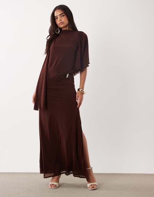 ASOS DESIGN stretch chiffon draped asymmetric cape top with trim in chocolate - part of a set, 2 of 4