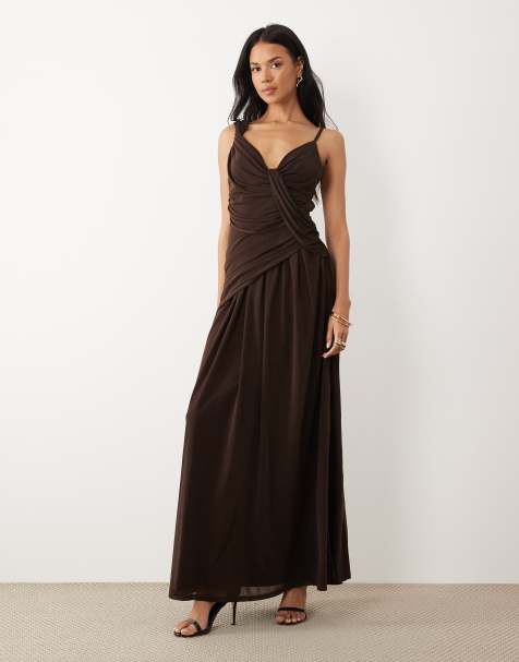 ASOS DESIGN stretch chiffon draped cowl asymmetric maxi dress in brown - view 1
