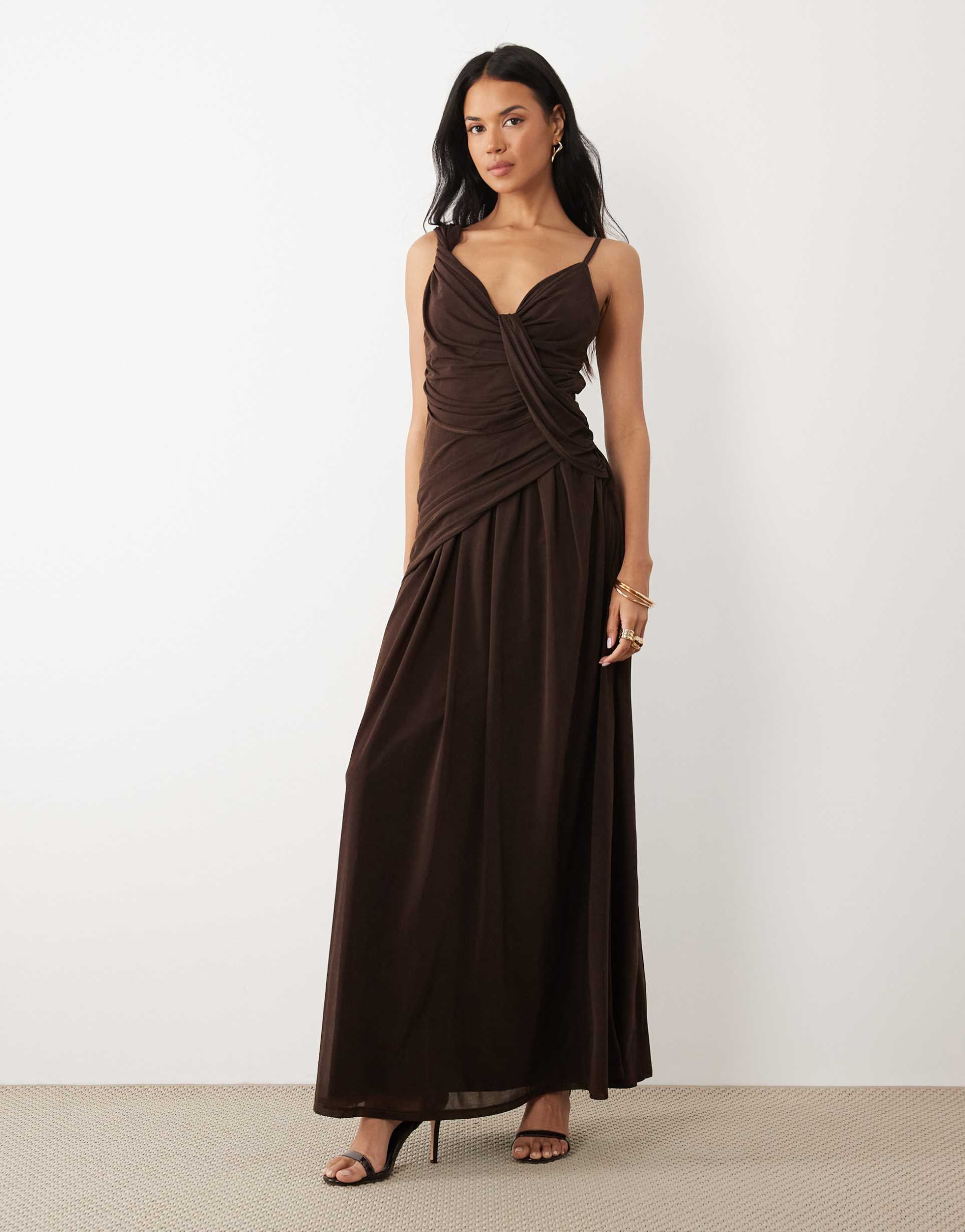 asos design stretch chiffon draped cowl asymmetric maxi dress in brown