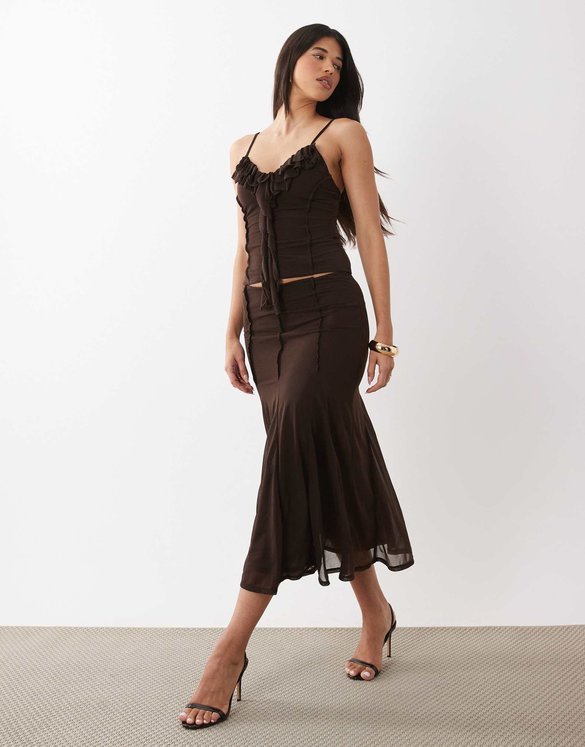 asos design stretch chiffon godet cropped skirt in truffle - part of a set