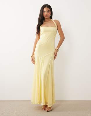 Asos Design Stretch Chiffon Halter Maxi Dress With Raw Seam Details In Yellow