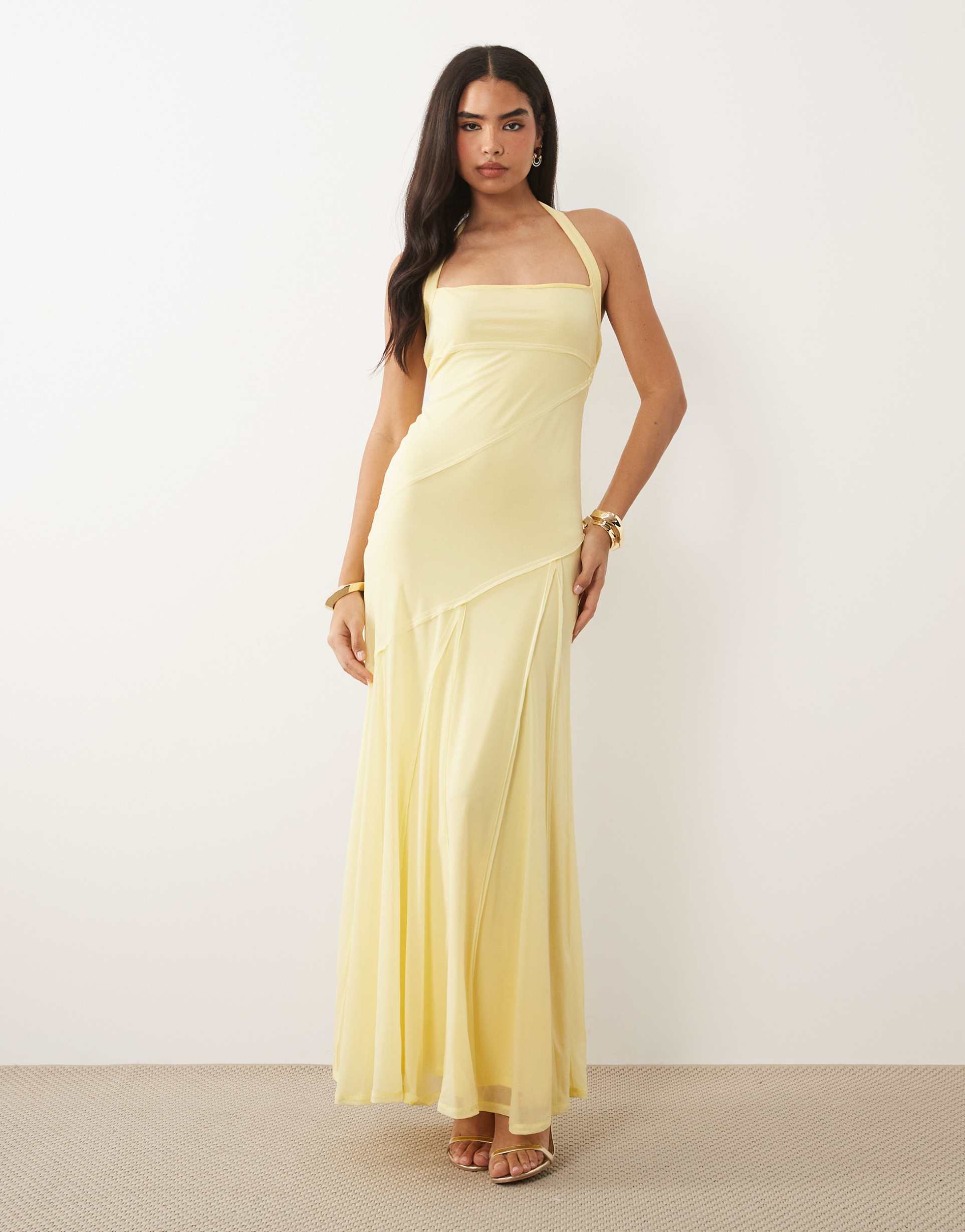 asos design stretch chiffon halter maxi dress with raw seam details in lemon