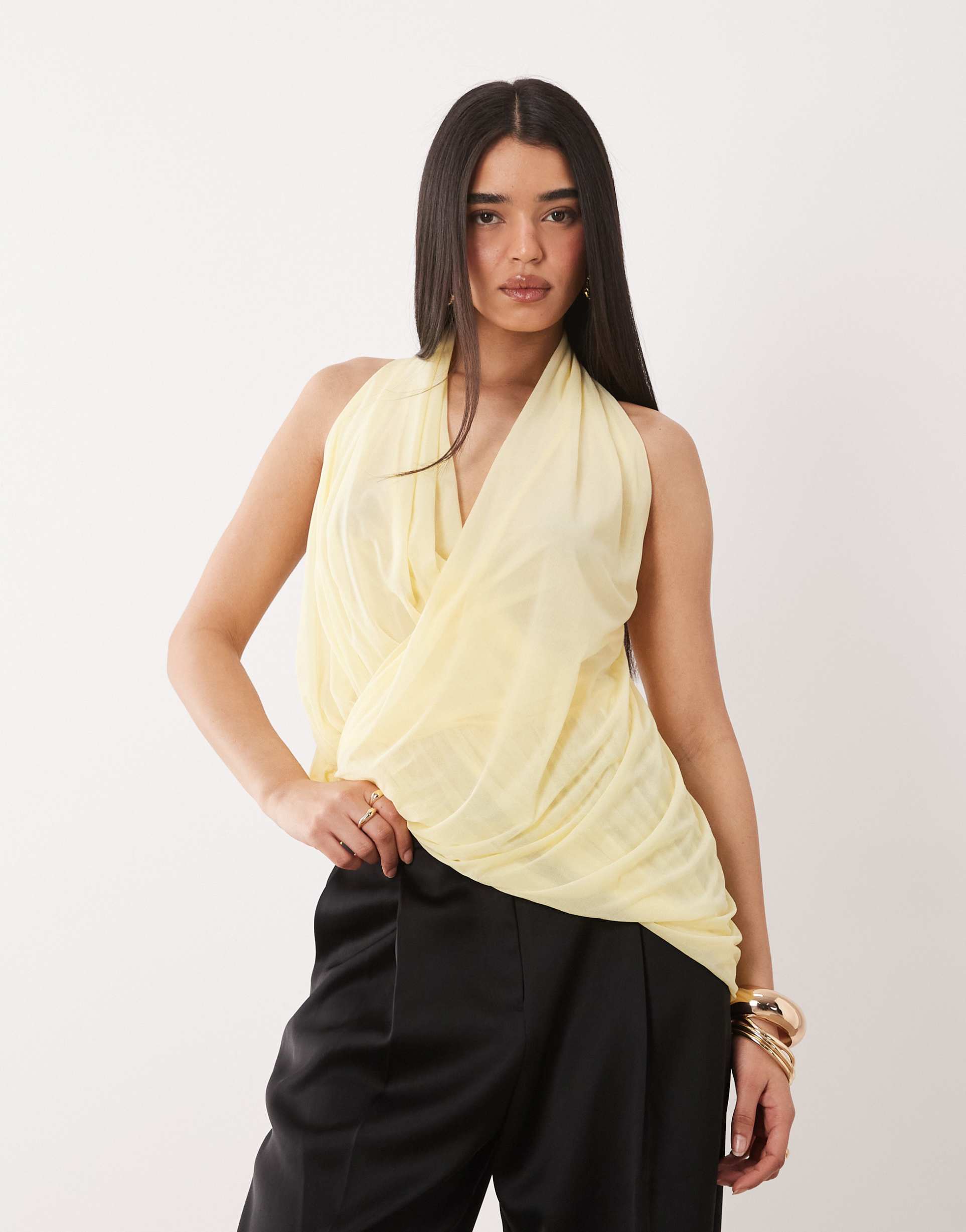 asos design stretch chiffon halter neck draped top in lemon