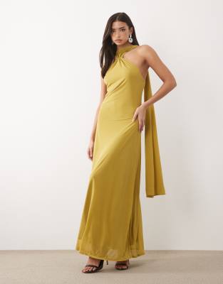 Asos Design Stretch Chiffon Halter Trapeze Sheer Maxi Dress With Gold Hardware Trim In Green