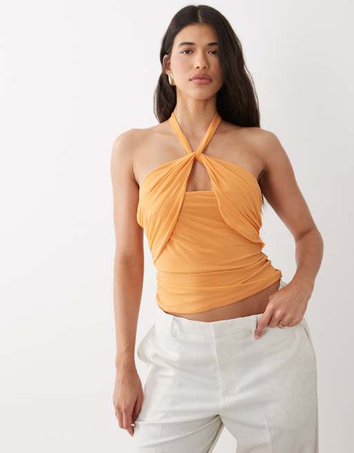 ASOS DESIGN stretch chiffon halter wrap top in orange, 3 of 4