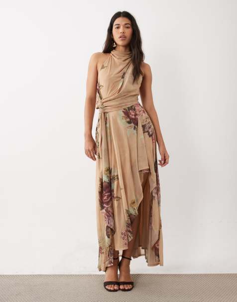 ASOS DESIGN stretch chiffon high low draped cowl halter maxi dress in chamomile - view 1