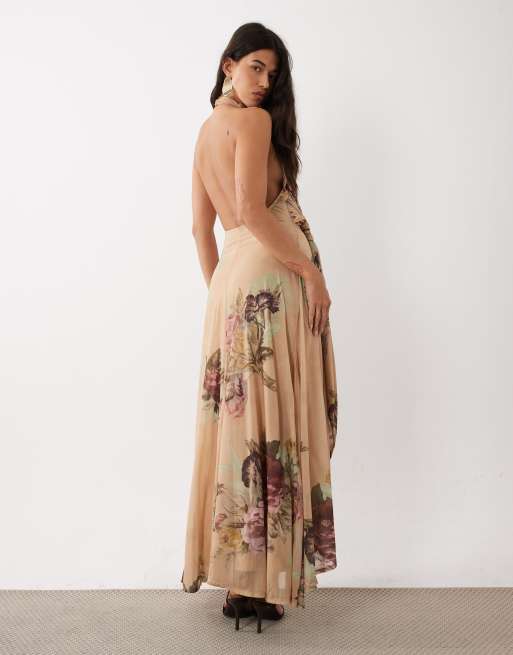 ASOS DESIGN stretch chiffon high low draped cowl halter maxi dress in chamomile, 3 of 4