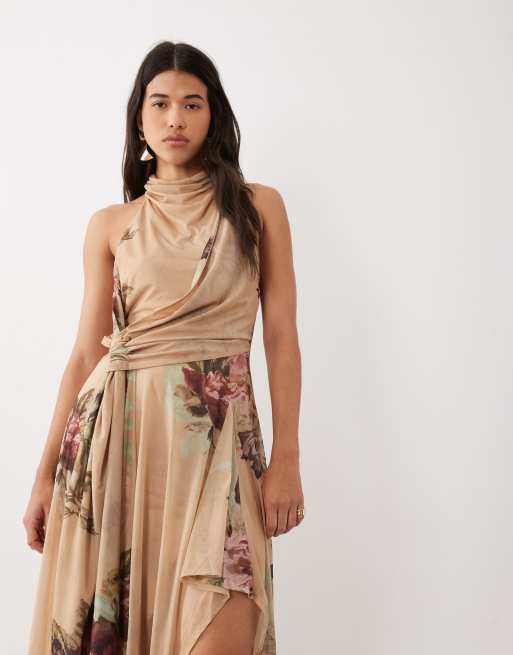 ASOS DESIGN stretch chiffon high low draped cowl halter maxi dress in chamomile, 4 of 4