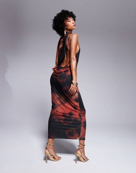 ASOS DESIGN stretch chiffon high neck midi dress with cowl back detail in orange abstract print - view 1