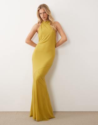 Asos Design Stretch Chiffon High Neck Racer Fishtail Maxi Dress With Spliced Godet Detail In Yellow