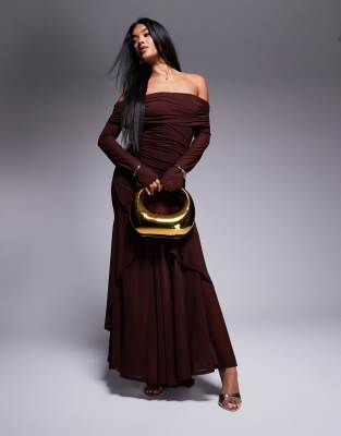 stretch chiffon long sleeve bardot maxi dress with ruffle hem in chocolate-Brown