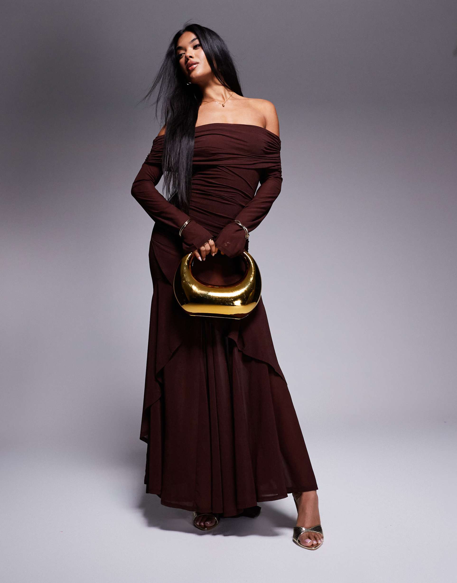 asos design stretch chiffon long sleeve bardot maxi dress with ruffle hem in chocolate