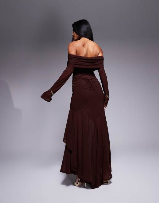 ASOS DESIGN stretch chiffon long sleeve bardot maxi dress with ruffle hem in chocolate