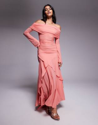ASOS DESIGN stretch chiffon long sleeve bardot maxi dress with ruffle hem in coral - view 1