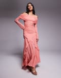 [ASOS DESIGN] ASOS DESIGN stretch chiffon long sleeve bardot maxi dress with ruffle hem in coral-Orange 10 Coral