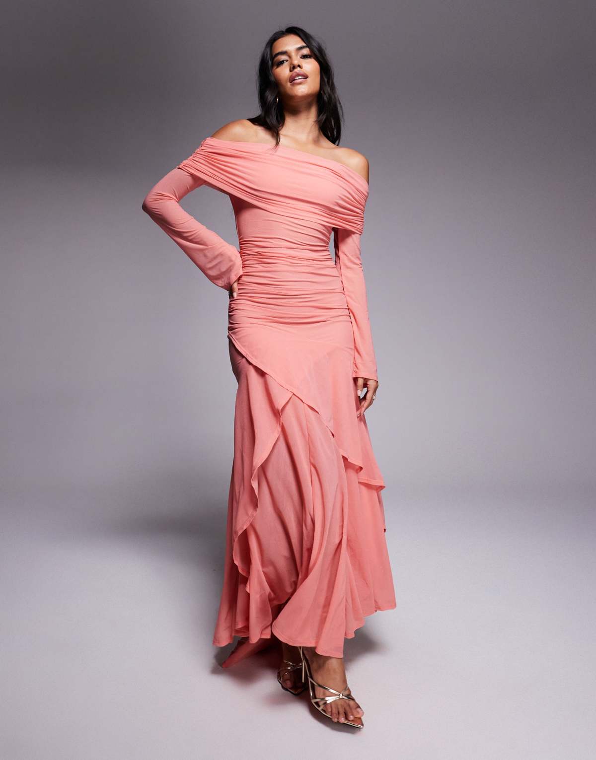 ASOS DESIGN stretch chiffon long sleeve bardot maxi dress with ruffle hem in coral