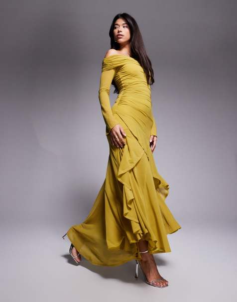 ASOS DESIGN stretch chiffon long sleeve bardot maxi dress with ruffle hem in olive green - view 1