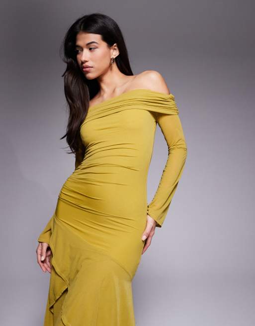 ASOS DESIGN stretch chiffon long sleeve bardot maxi dress with ruffle hem in olive green