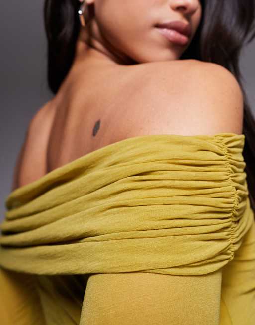 ASOS DESIGN stretch chiffon long sleeve bardot maxi dress with ruffle hem in olive green