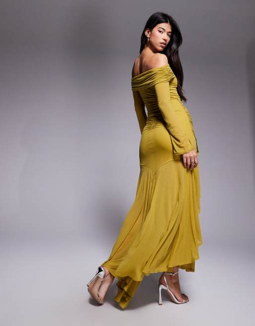 ASOS DESIGN stretch chiffon long sleeve bardot maxi dress with ruffle hem in olive green
