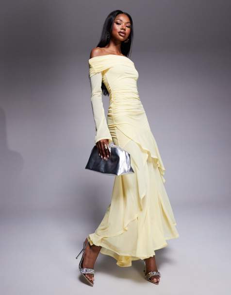 ASOS DESIGN stretch chiffon long sleeve bardot maxi dress with ruffle hem in pastel yellow - view 1