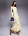 [ASOS DESIGN] ASOS DESIGN stretch chiffon long sleeve bardot maxi dress with ruffle hem in pastel yellow 12 Pastel Yellow
