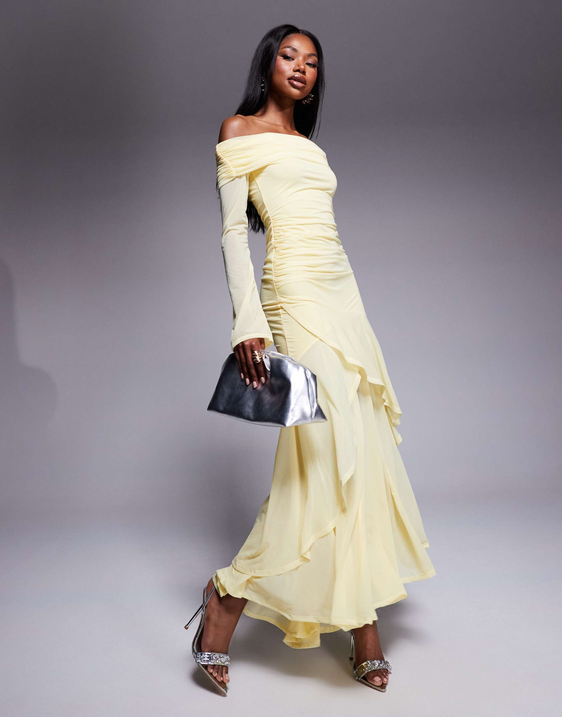 asos design stretch chiffon long sleeve bardot maxi dress with ruffle hem in pastel yellow