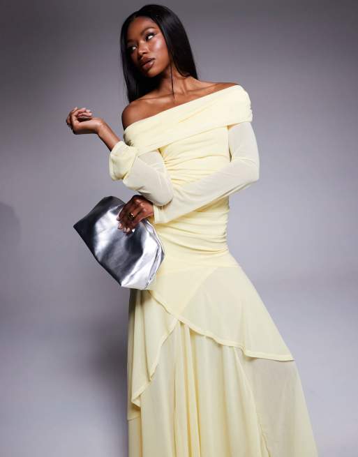 ASOS DESIGN stretch chiffon long sleeve bardot maxi dress with ruffle hem in pastel yellow
