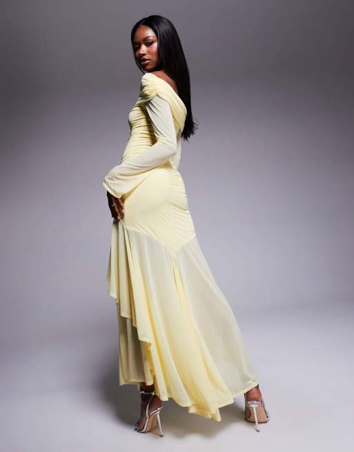 ASOS DESIGN stretch chiffon long sleeve bardot maxi dress with ruffle hem in pastel yellow